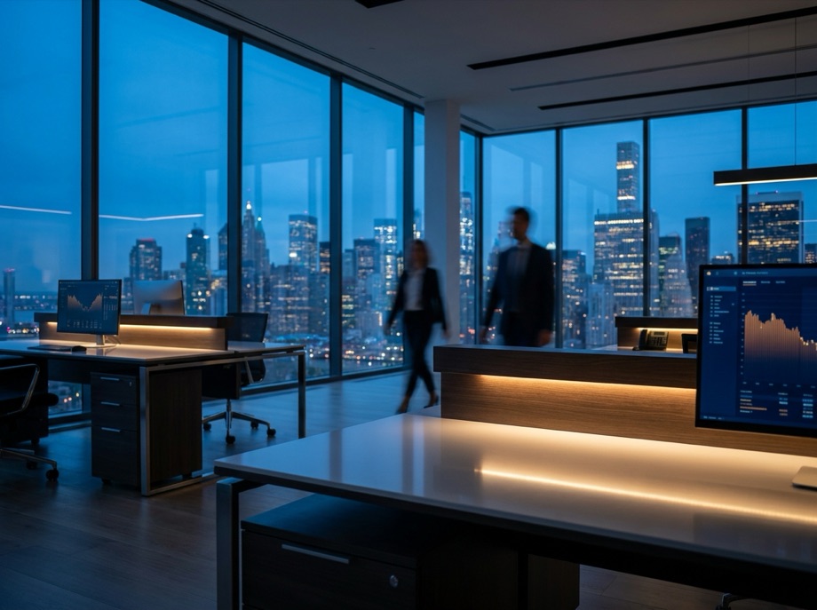 Modern financial office at dusk